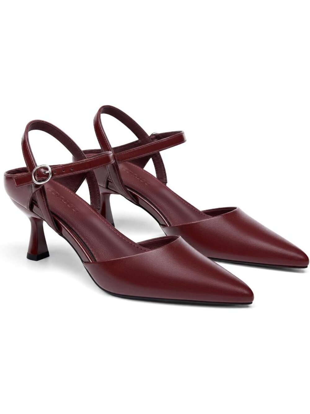 Women's Red Faux Leather Closed Pointed Toe Adjustable Strap Kitten Heel Shoe